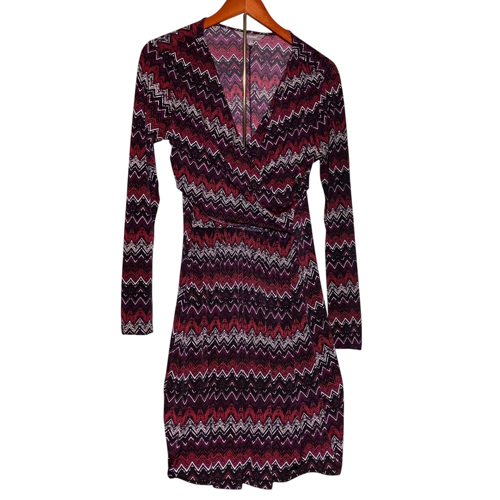 Daisy Fuentes Faux Wrap Dress Women's Large Burgundy Zigzag Long Sleeve